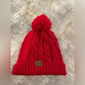 MIRMARU Winter Oversized Cable Knit Pom Pom Beanie Hat with Fleece Lining- Red